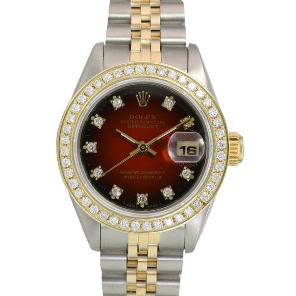 Rolex Accessories - ROLEX DATEJUST RED VIGNETTE SQUARE DIAMOND DIAL 18KY TWO-TONE 26 MM 69173